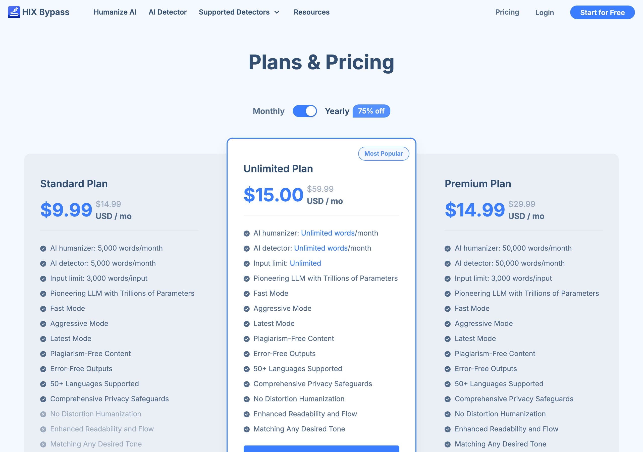 HIX Bypass pricing page captured June 2026