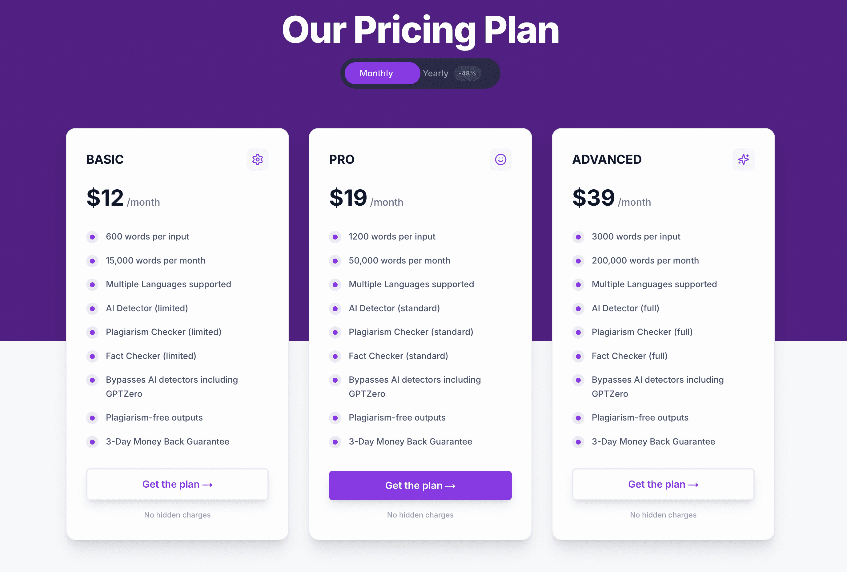 Humanizer Pro pricing page captured June 2026