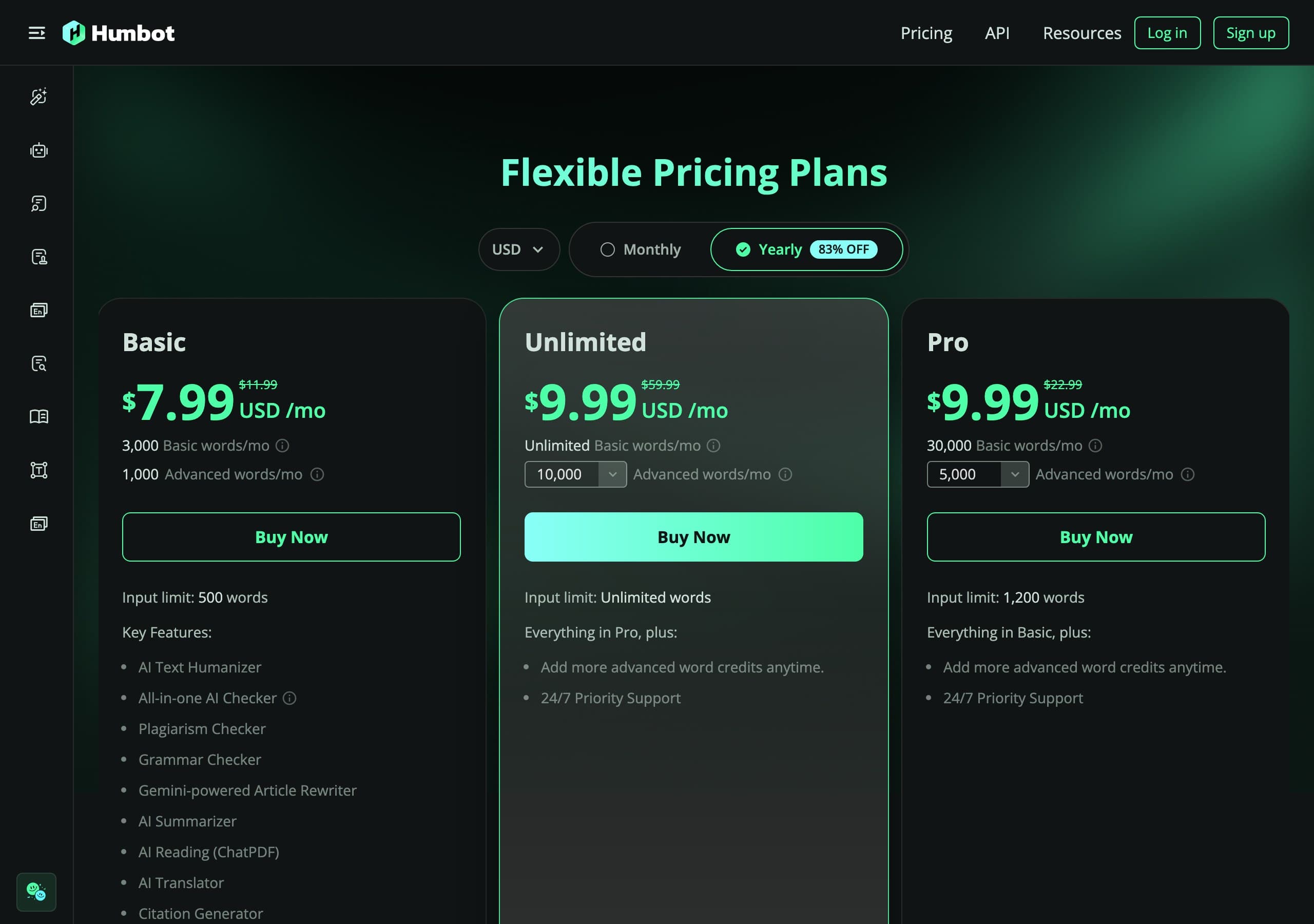 Humbot pricing page captured June 2026