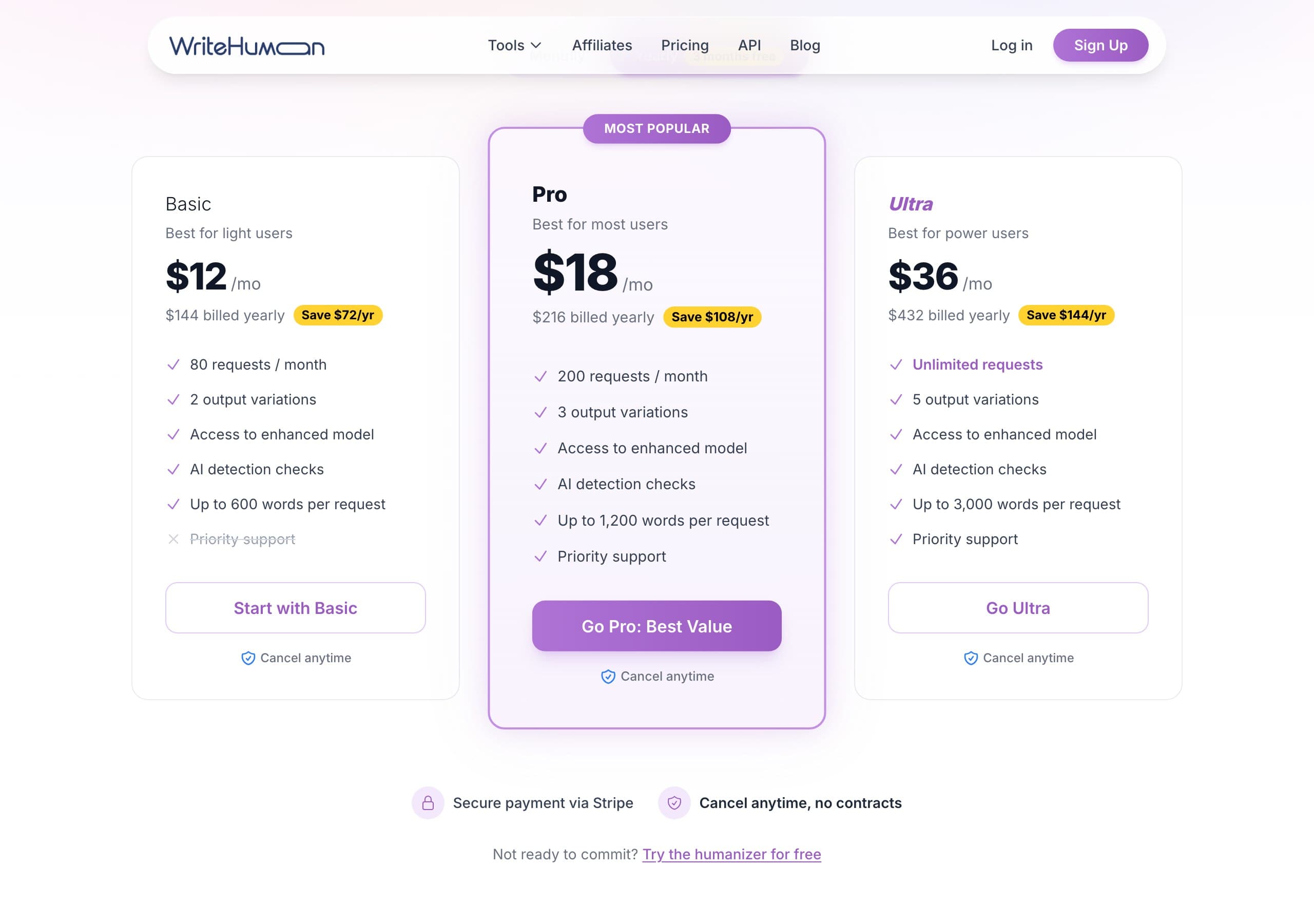 WriteHuman pricing page captured June 2026